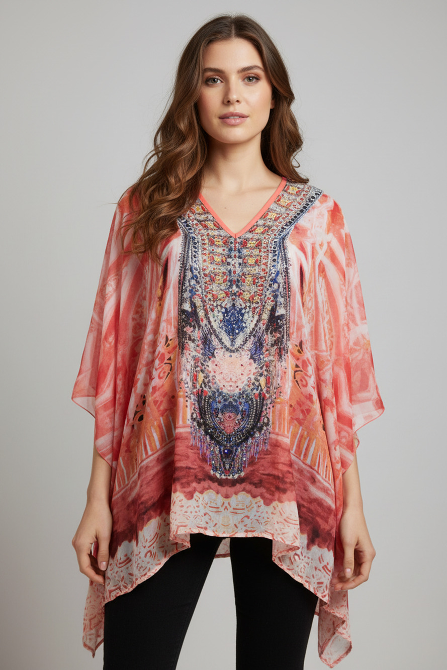 Fashion 1.2.3 Orange Rhinestone Chiffon Top One Size Fits Small to 2X-Large